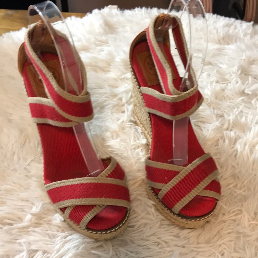 Tory Burch Adonis Red Canvas Espadrille Wedge Sandal